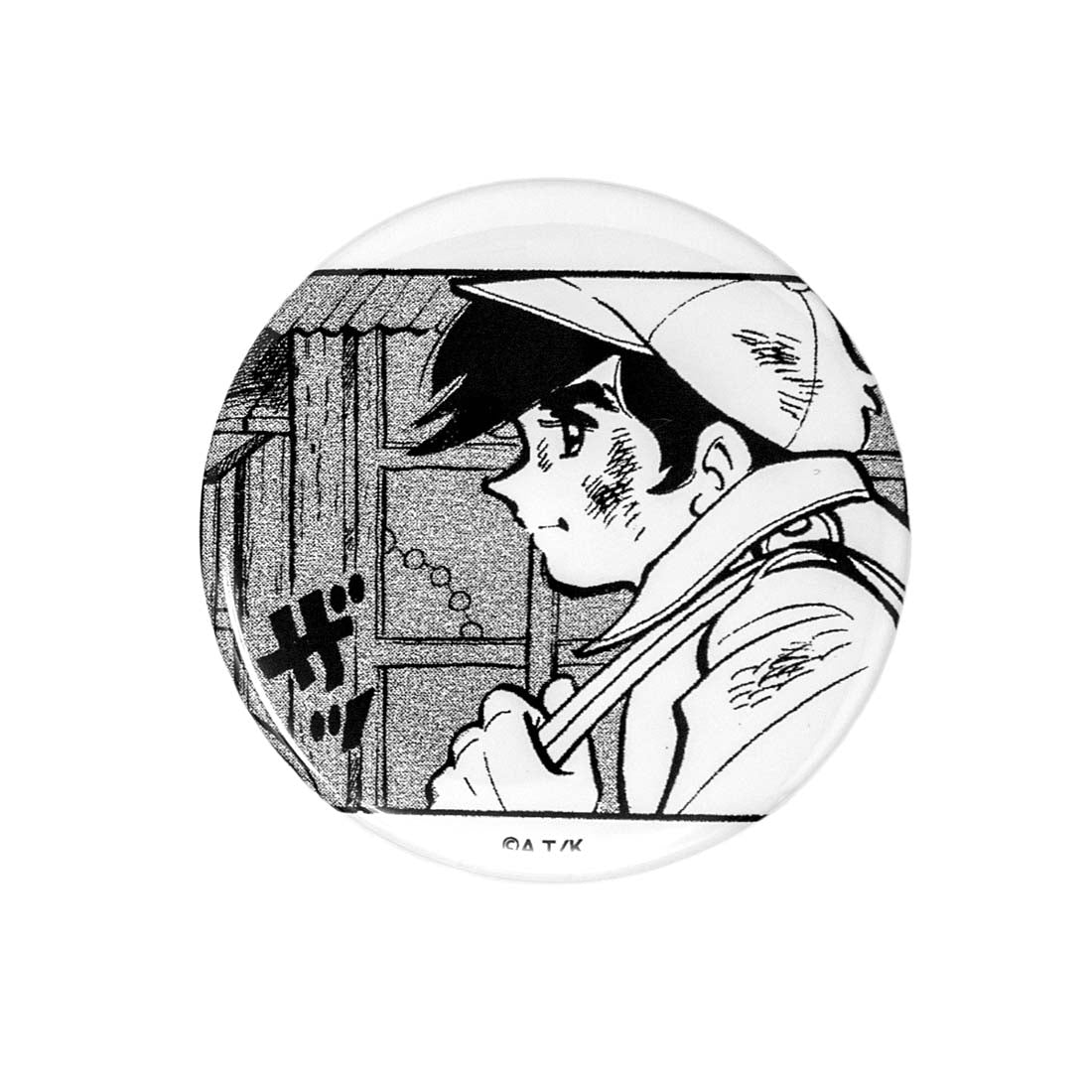 Circular product with black and white illustration of a character holding a baseball bat, on a white background.