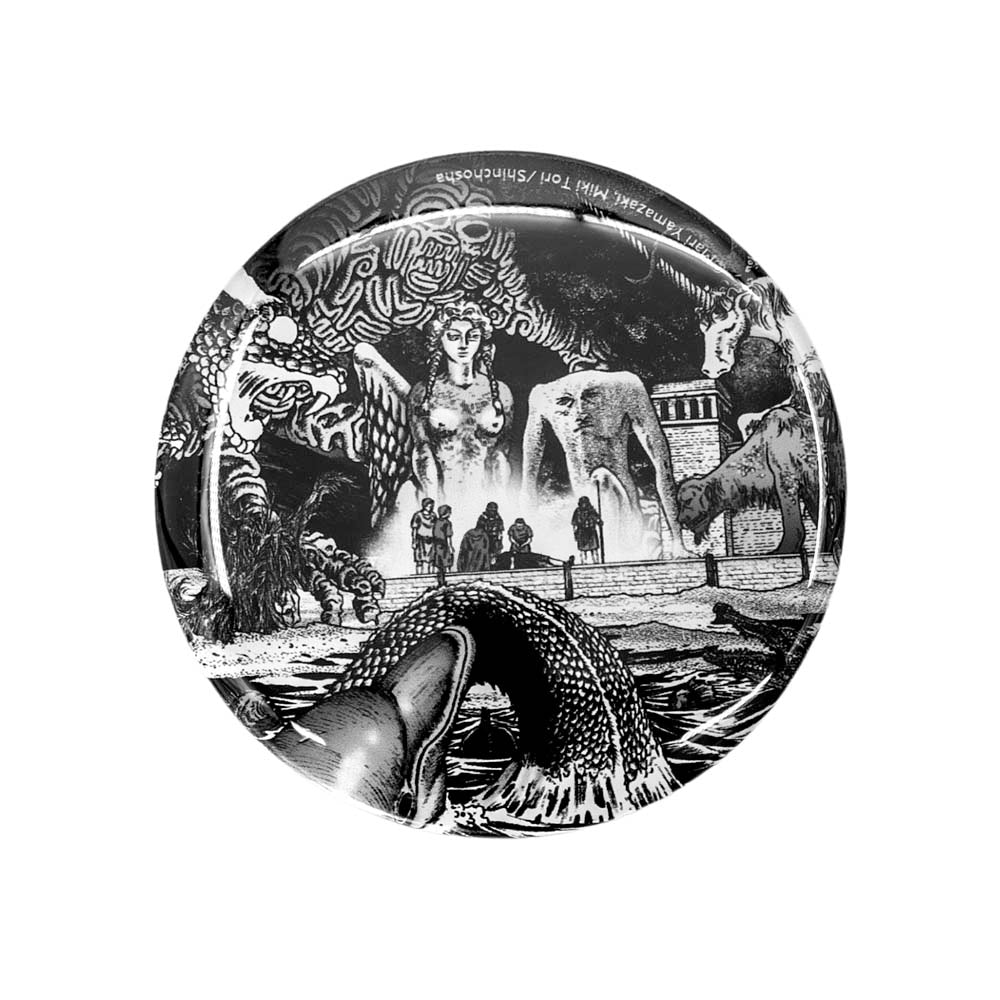 Circular artwork with black and white design of a woman, animals, and architecture on a white background