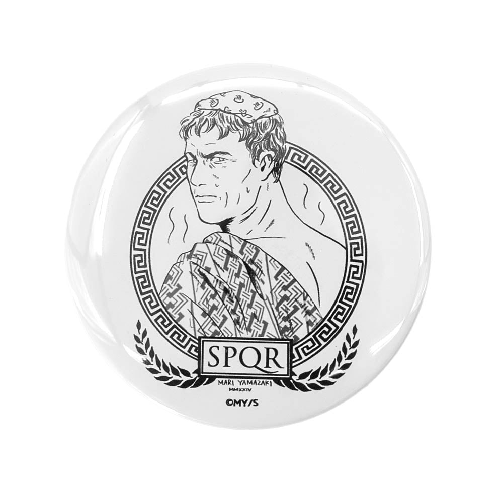 Circular product with a black and white illustration of a classical figure and 'SPQR' text on a white background