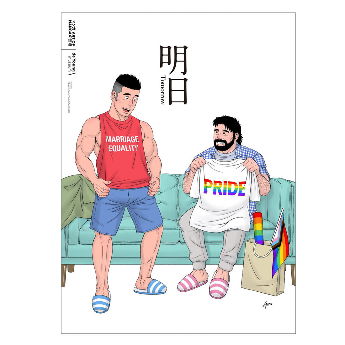 Mini Poster of two people sitting on a couch, one wearing a 'Marriage Equality' shirt and the other holding a 'PRIDE' shirt with a rainbow flag.