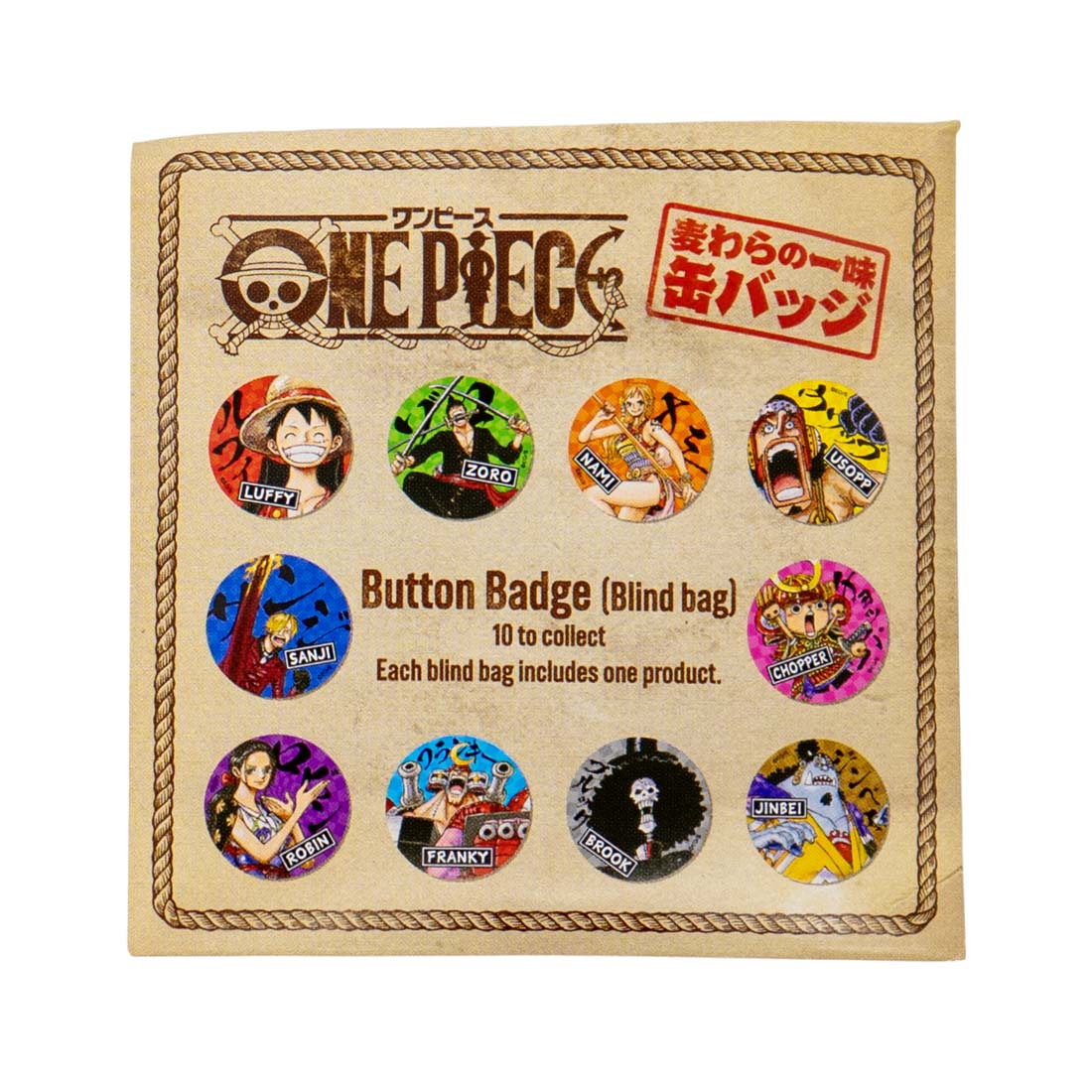 One Piece button badge set with various characters on a cardboard packaging.