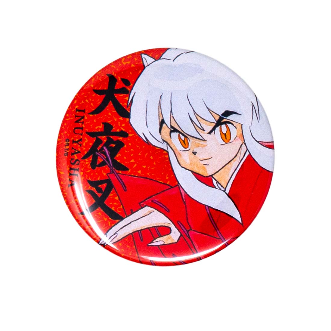 Round button badge with an anime character on a red background