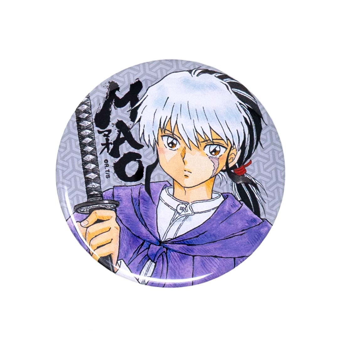 Circular product with anime character holding a sword and 'Mao' text on a white background