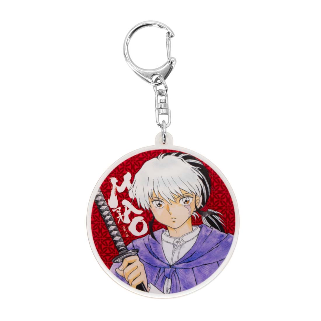 Keychain with anime character holding a sword on a red background