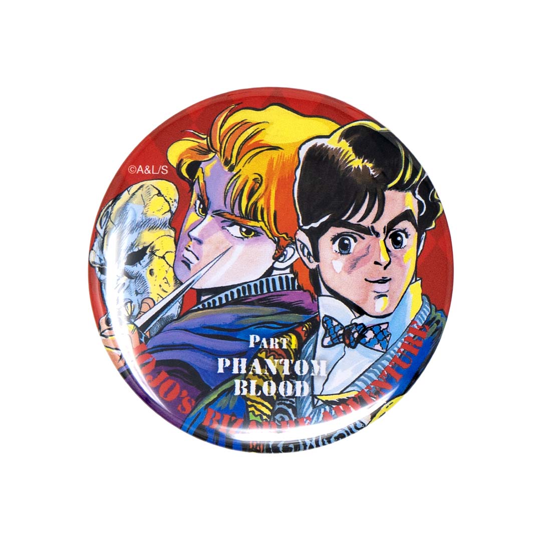 Button badge with characters from 'Phantom of the Paradise' on a white background