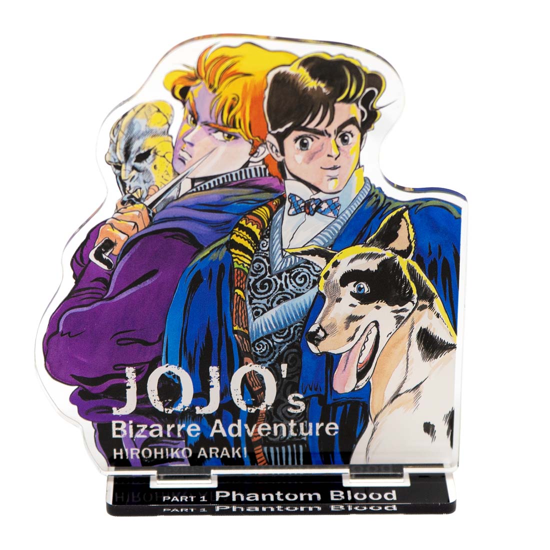 Acrylic standee of characters from 'JoJo's Bizarre Adventure' with a dog, featuring the title and author.