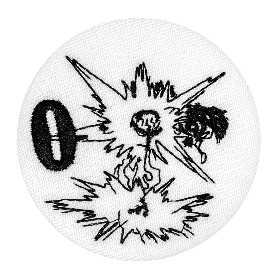 Black and white illustration of a skeleton lifting weights on a round patch.