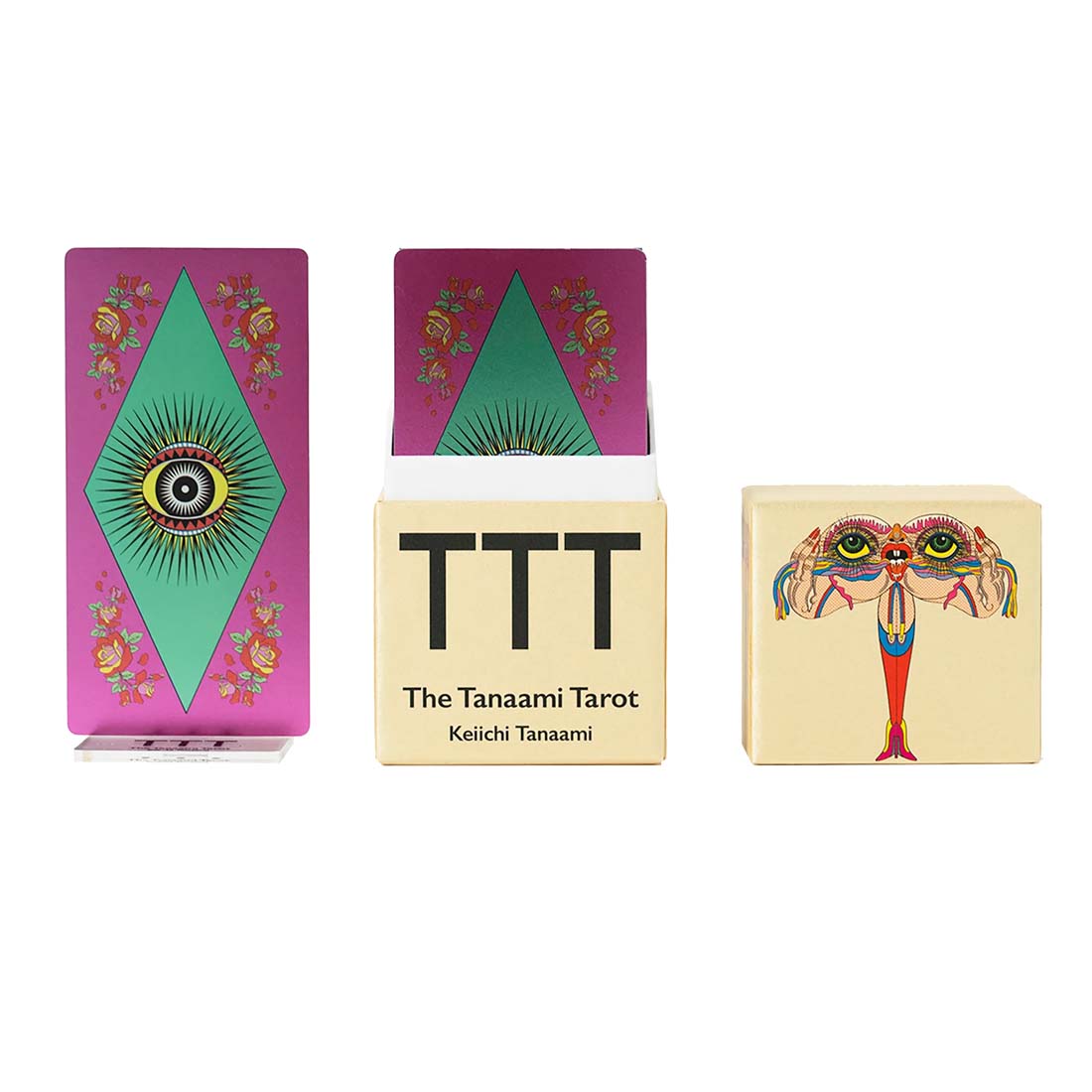 Three tarot card boxes with colorful designs on a white background