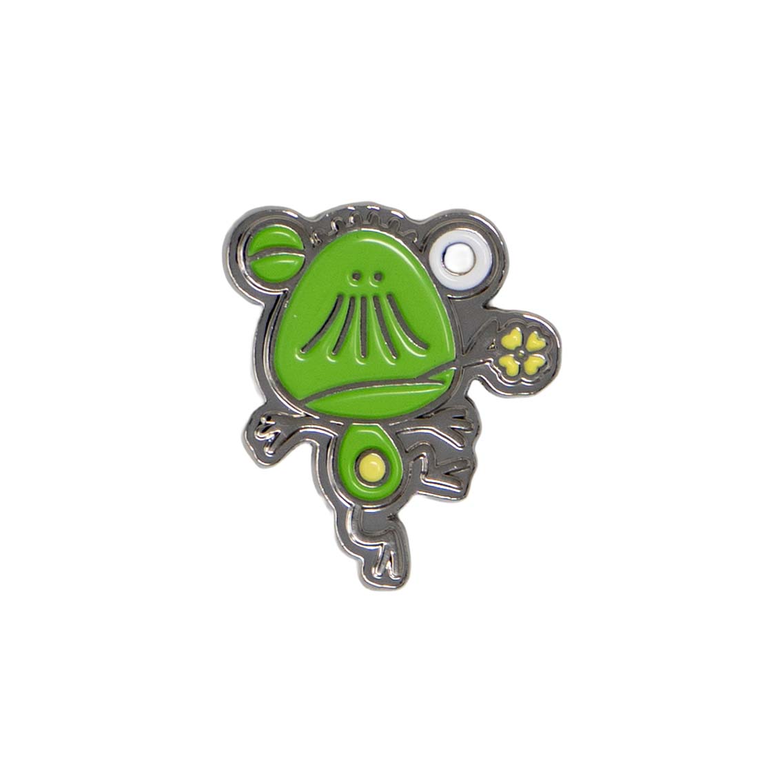 Green and silver frog-shaped object on a white background