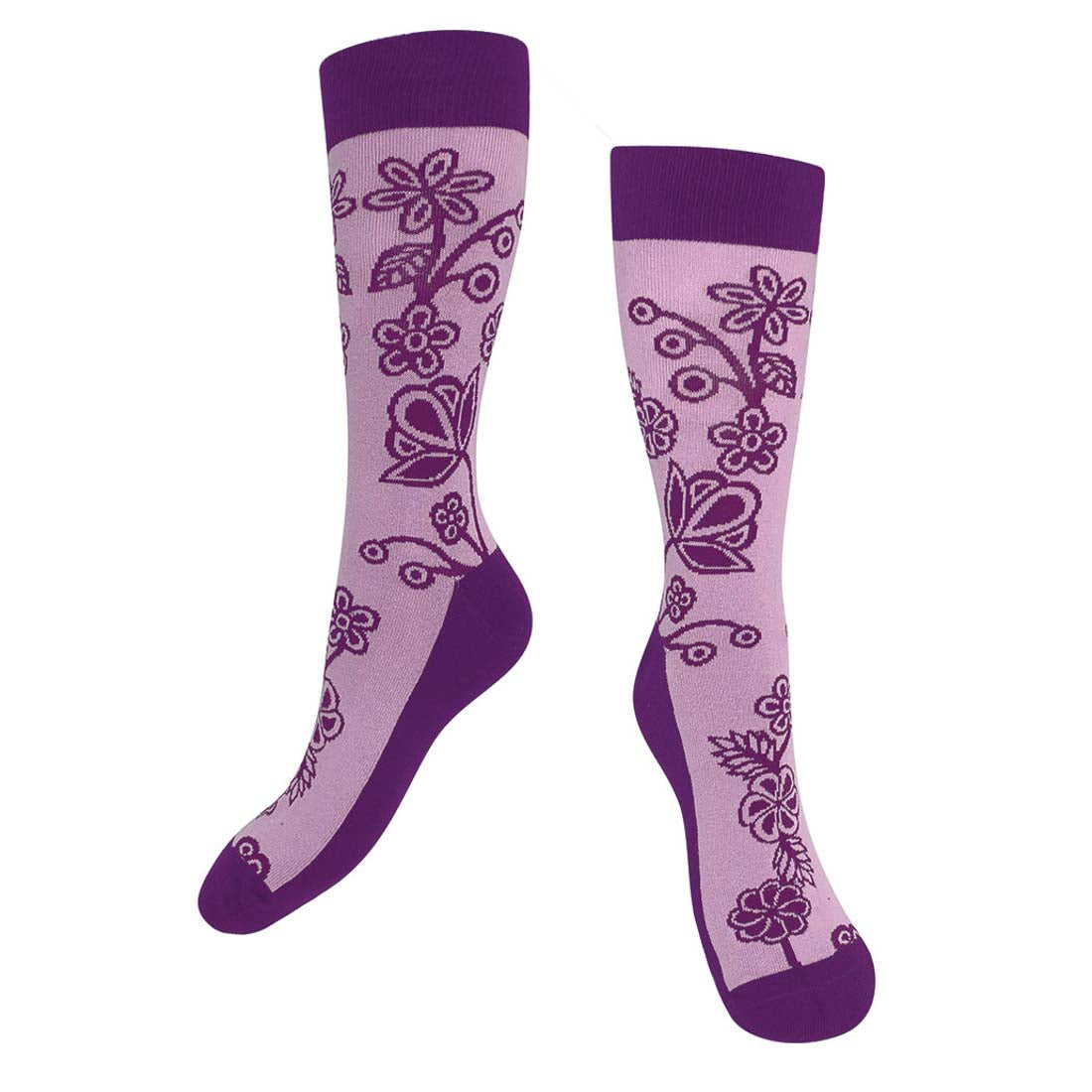Pair of purple and pink socks with floral patterns on a white background