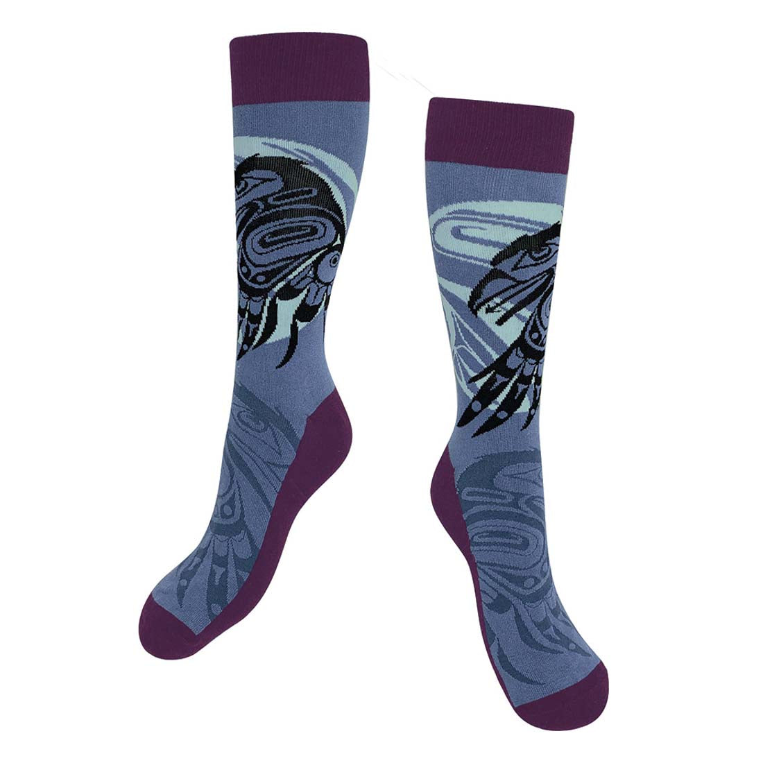 Pair of socks with a design on a white background