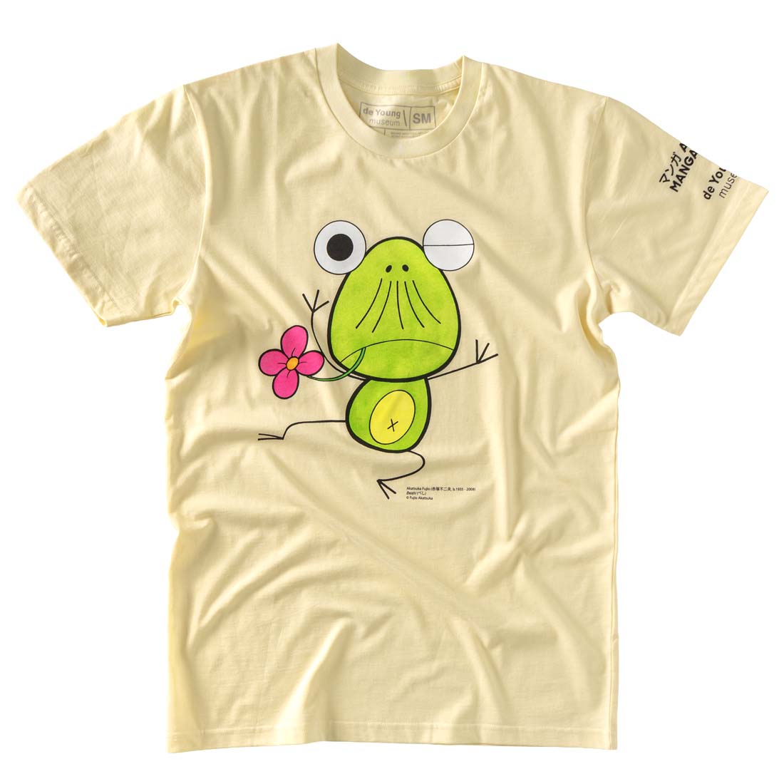 Yellow Beshi T-Shirt with a green frog graphic and flower on a white background