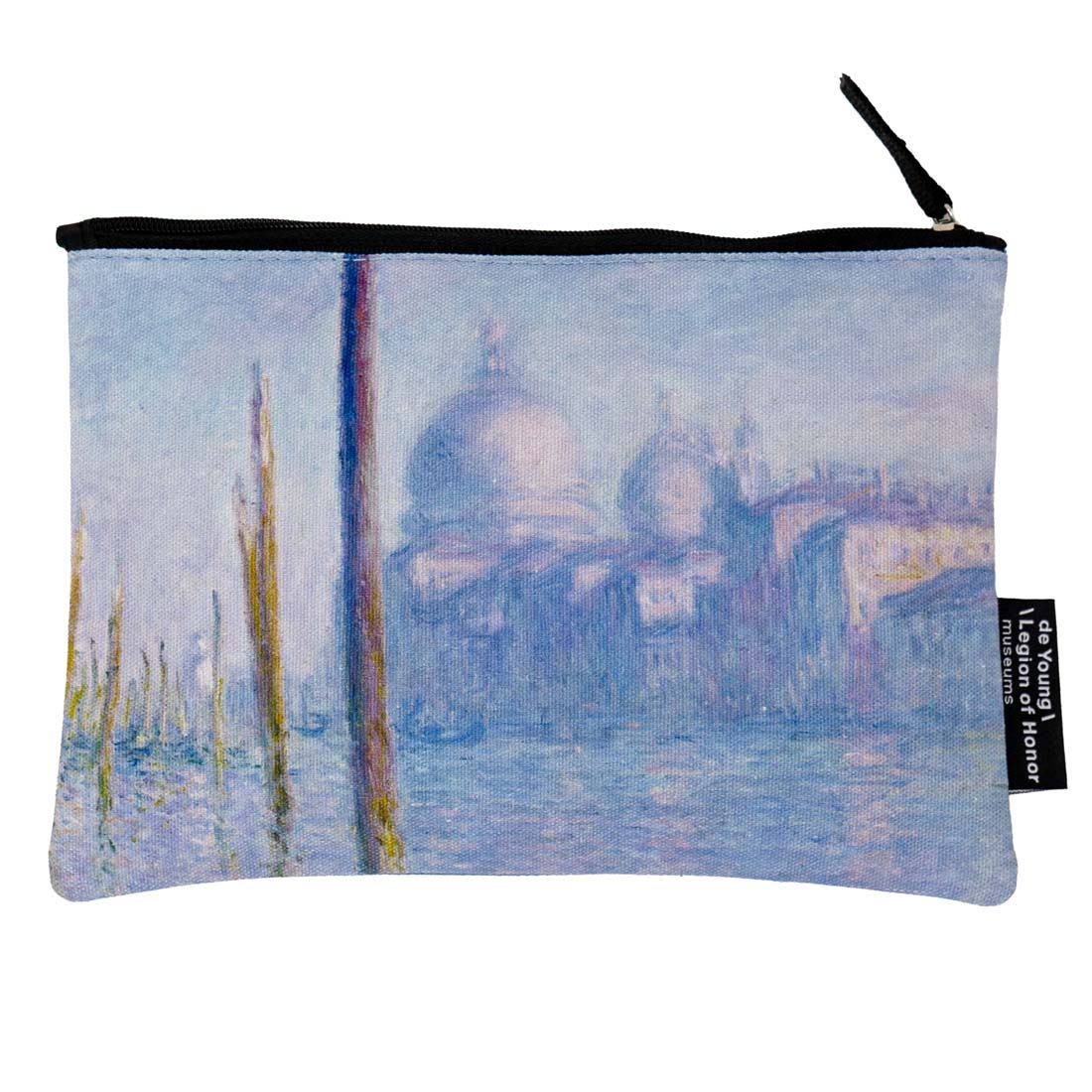 Pouch with a design of a famous painting featuring a large building and water.