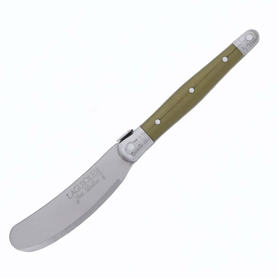 Butter knife with green handle and silver blade on a white background