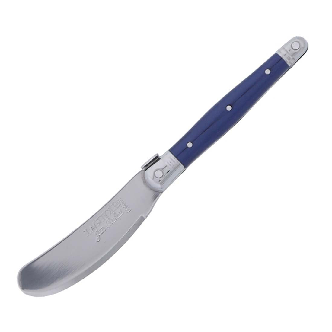 Butter knife with blue handle on a white background