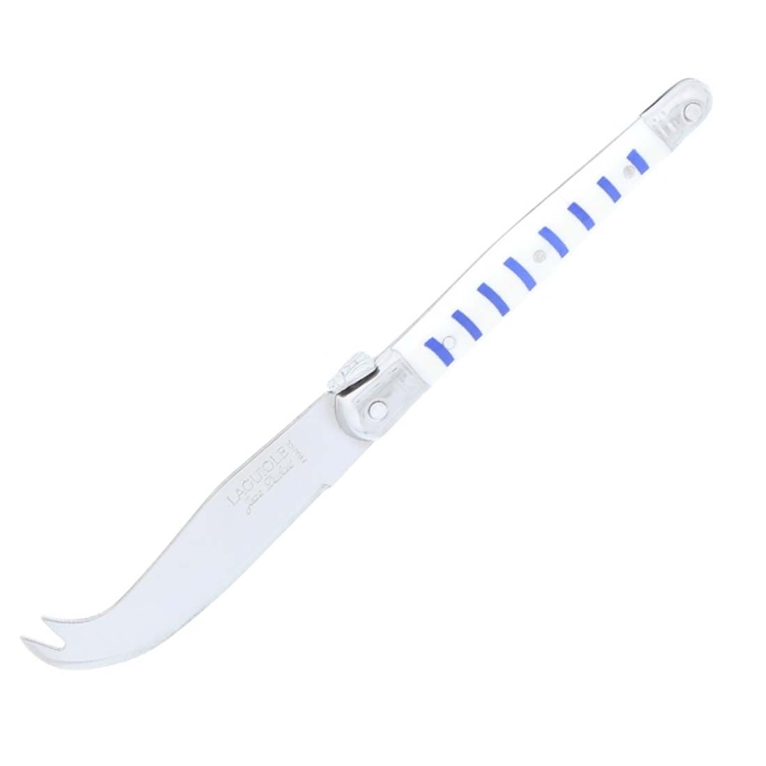 White curved tool with blue accents on a white background