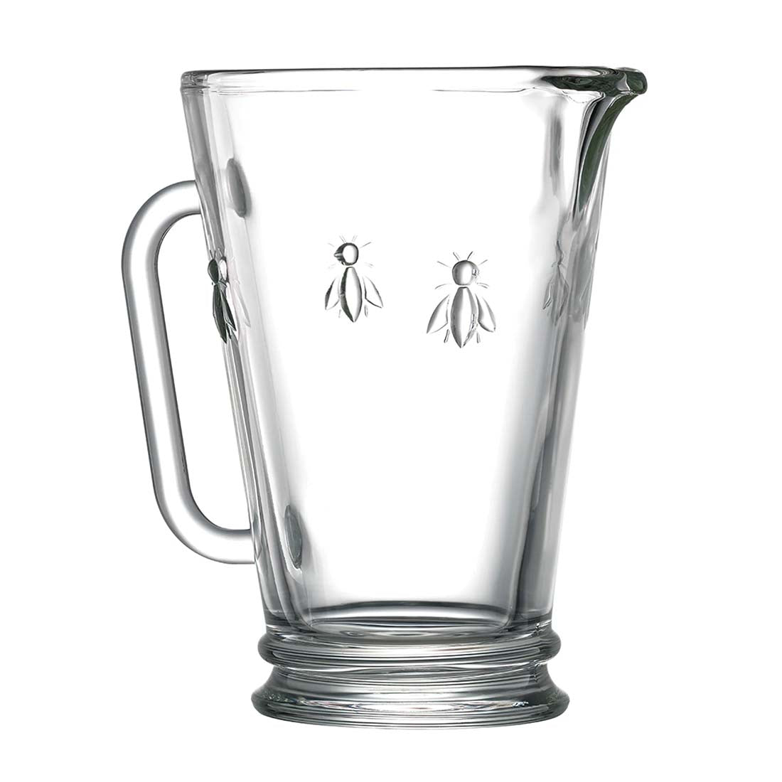 Clear glass mug with bee designs on a white background