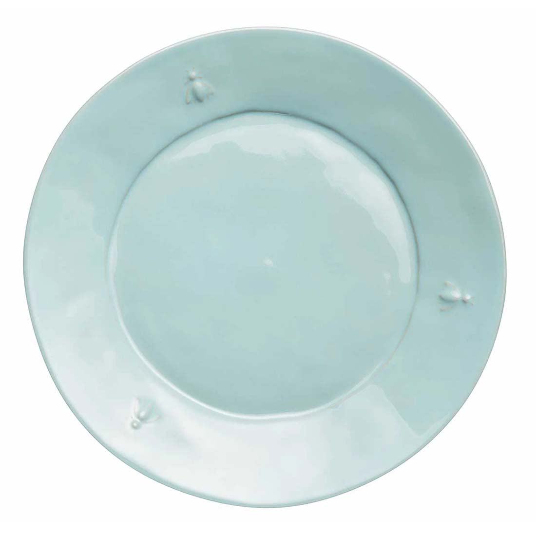 Light blue ceramic plate with bees on a white background
