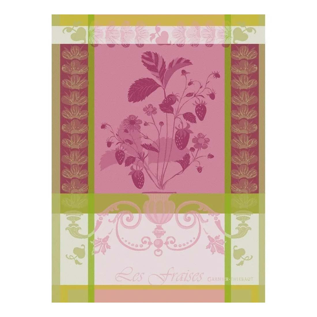Decorative tablecloth with floral design and green border on a white background