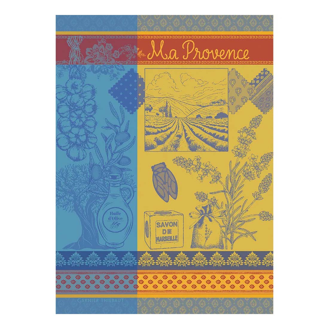 Colorful towel with 'Ma Provence' text and illustrations on a white background