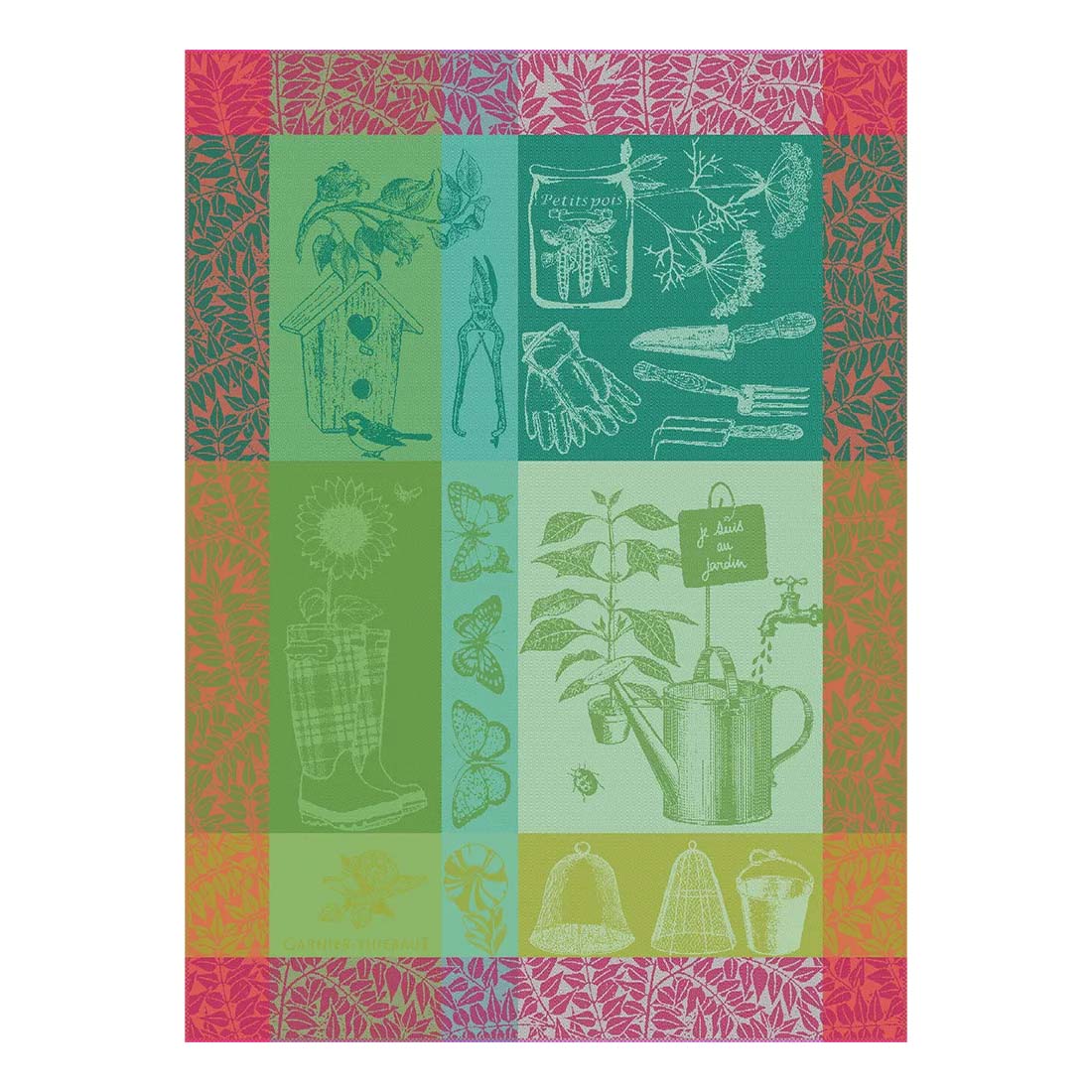Colorful garden-themed fabric with patterns and illustrations on a white background
