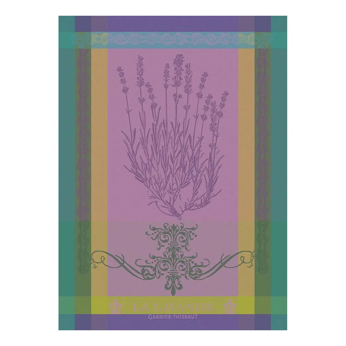 Decorative towel with lavender design and striped border on a white background