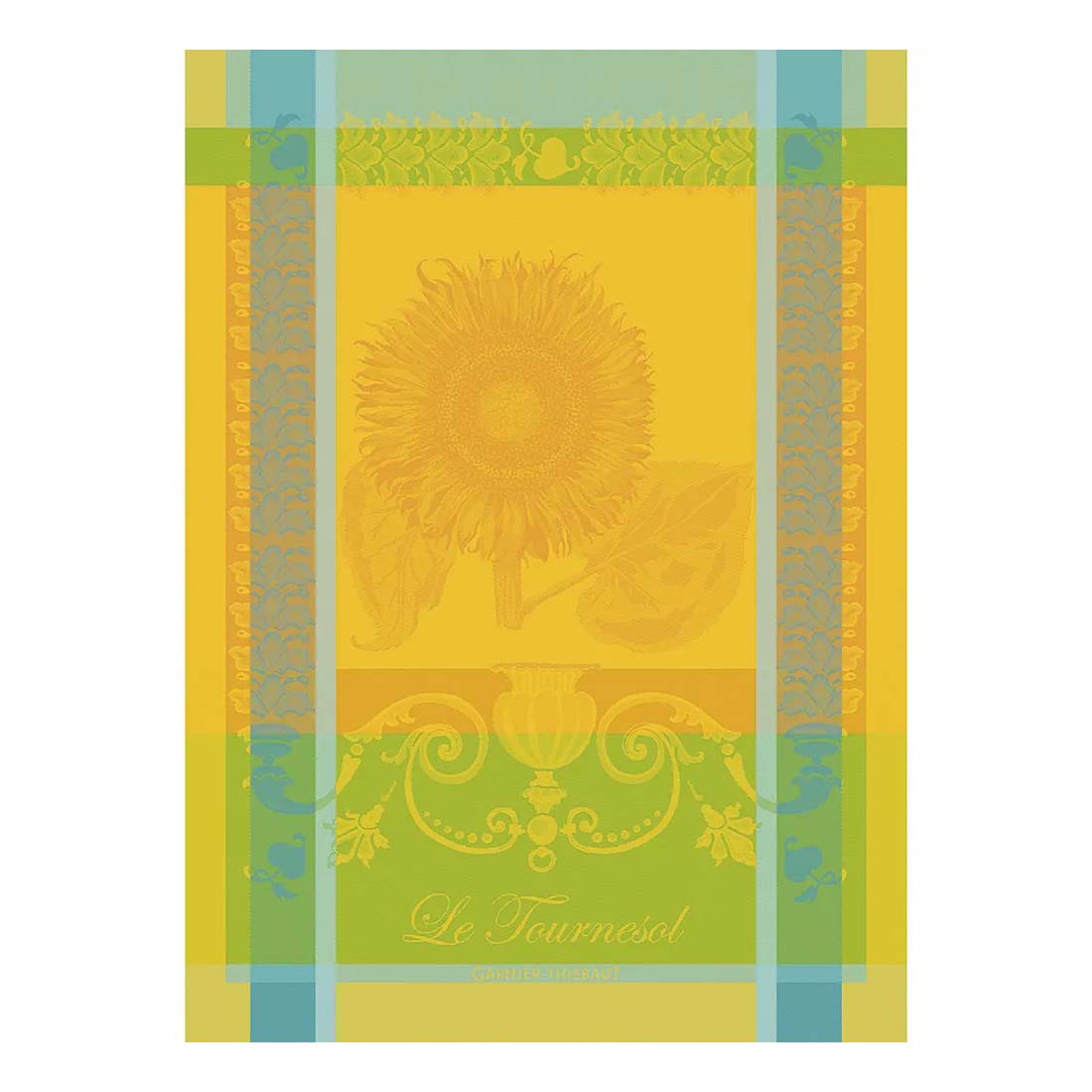 Decorative tablecloth with floral design and 'Le Tournesol' branding on a yellow background