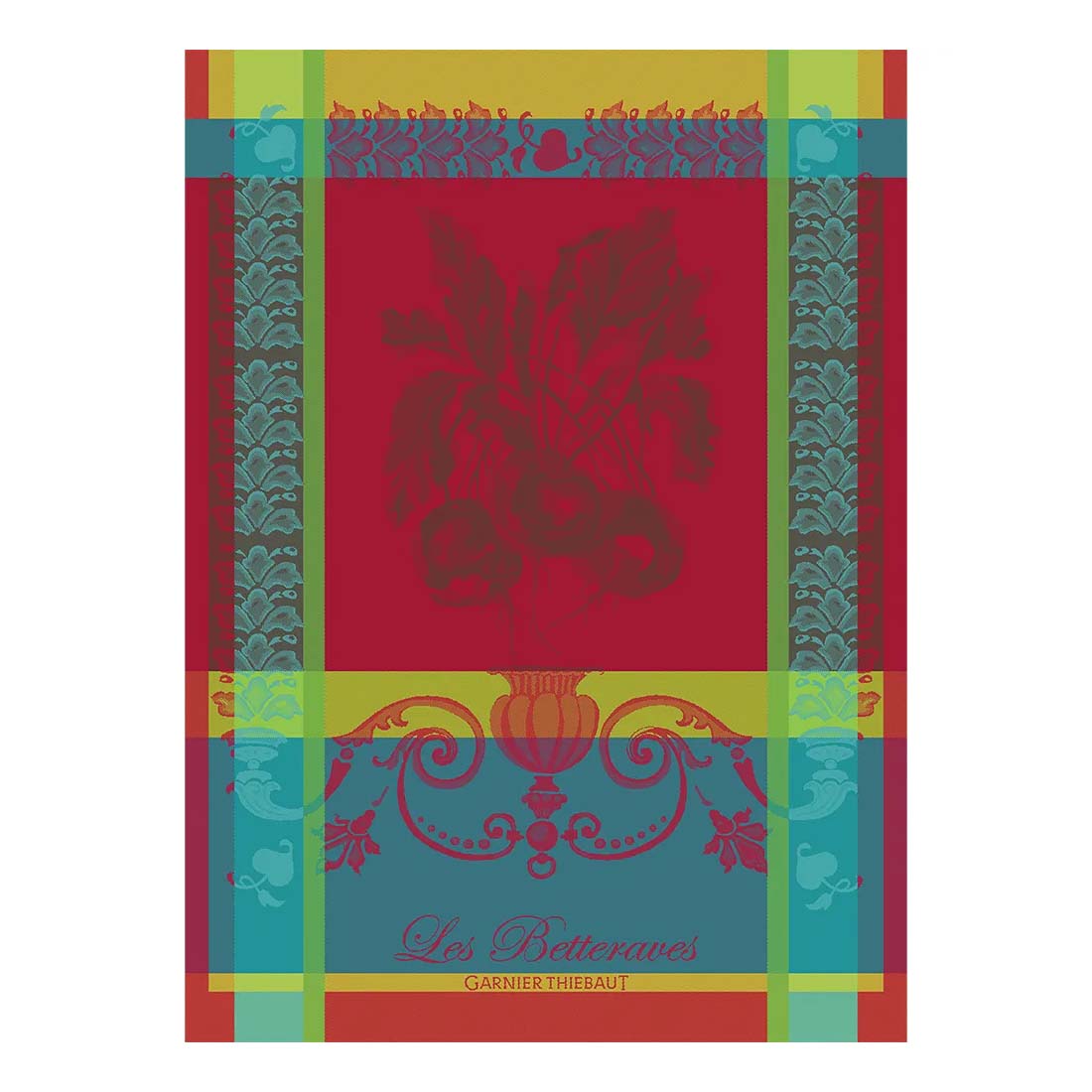 Decorative kitchen towel with colorful border and central design, featuring the brand 'Garnier Thiebaut'.