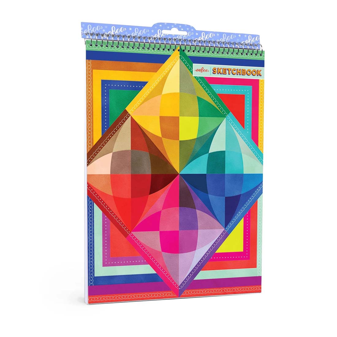 Colorful geometric-patterned sketchbook with a spiral binding on a white background