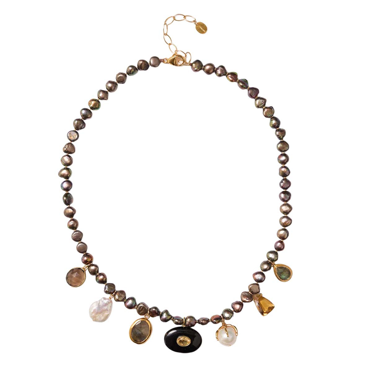 Necklace with brown beads and gold accents on a white background