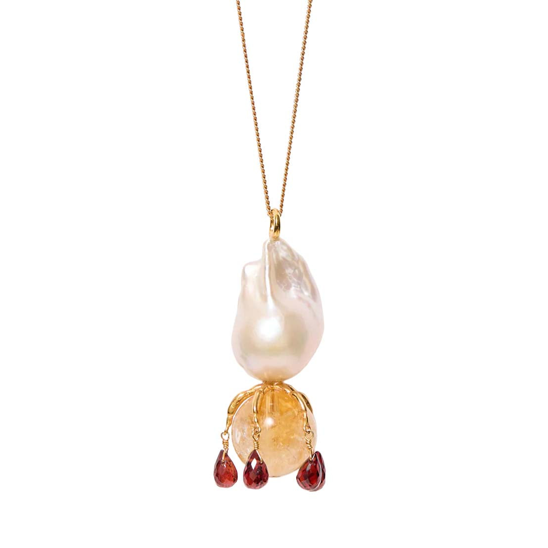 Necklace with a large pearl pendant and smaller gemstone drops on a white background