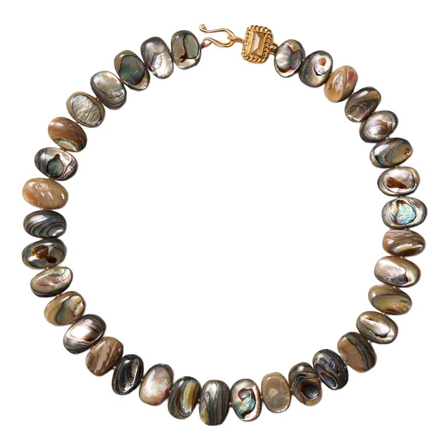 Necklace with multicolored beads and gold clasp on a white background