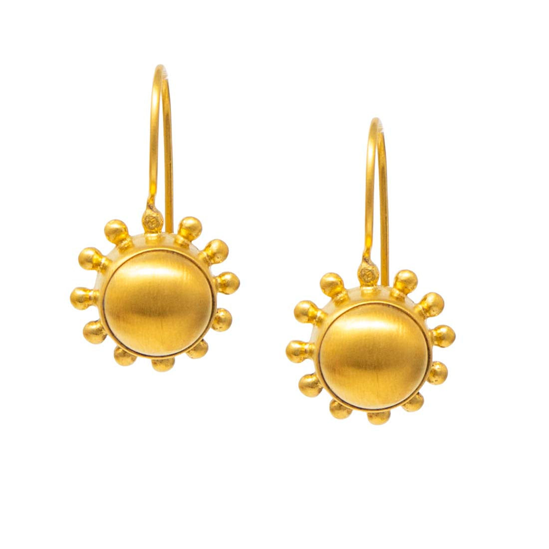 Pair of gold sun-shaped earrings on a white background