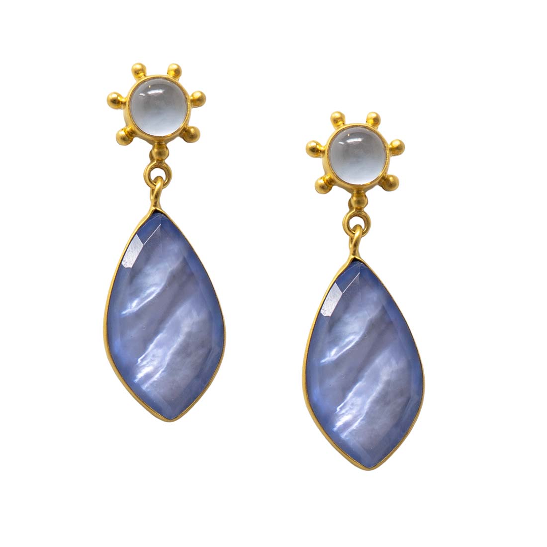 Gold earrings with blue teardrop-shaped stones on a white background