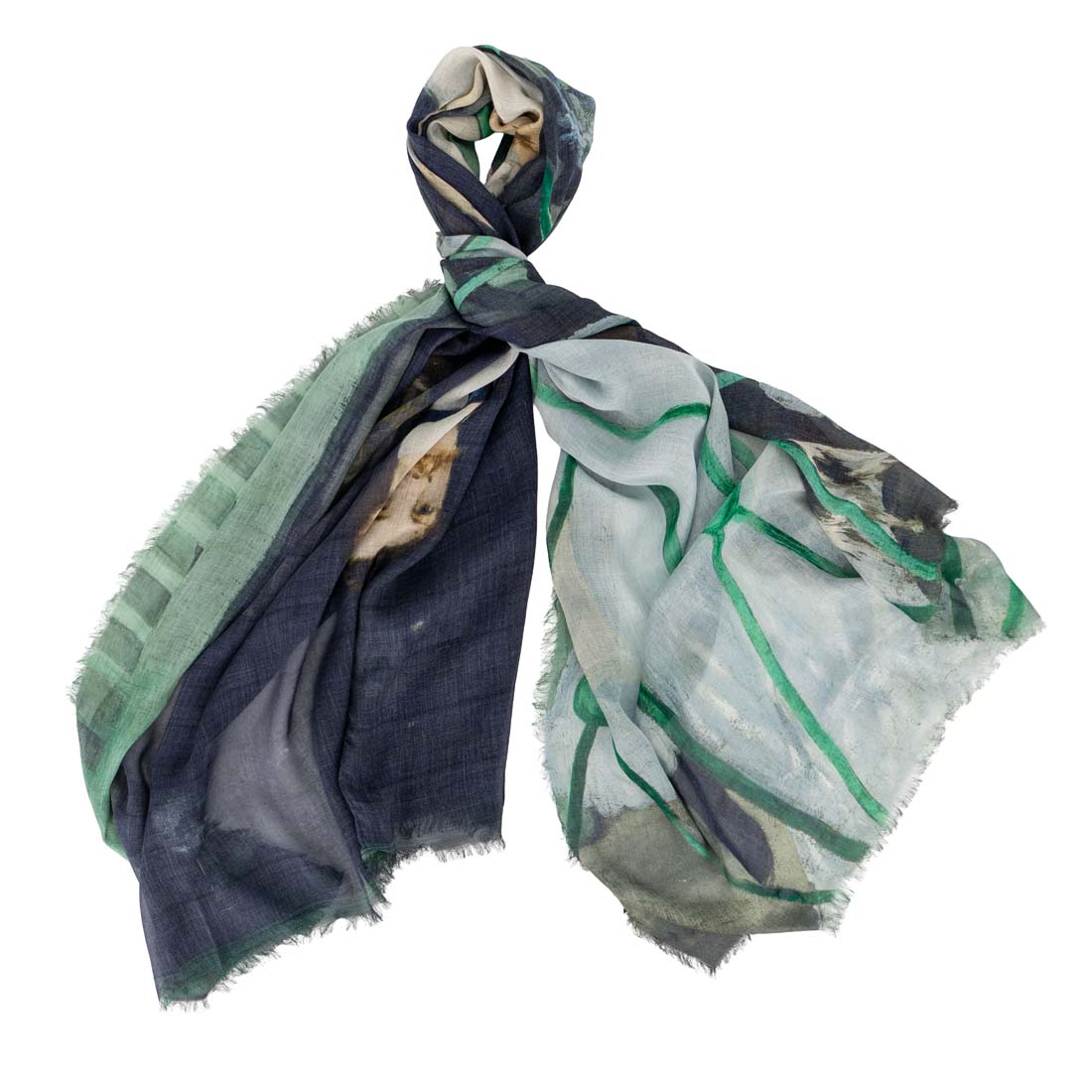 Multicolored scarf with abstract patterns on a white background