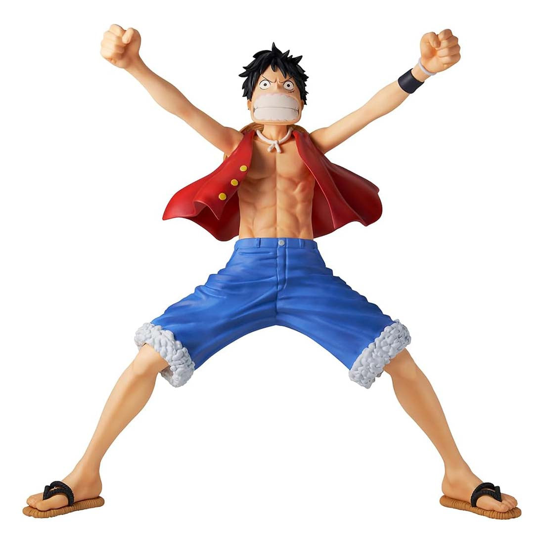 Action figure of a character in a dynamic pose with a red jacket and blue pants on a white background