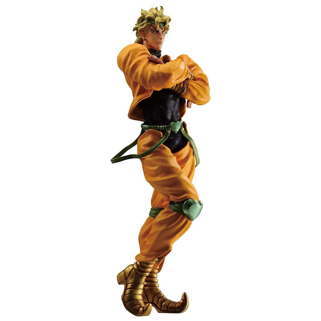 Action figure in orange outfit with green accents on a white background