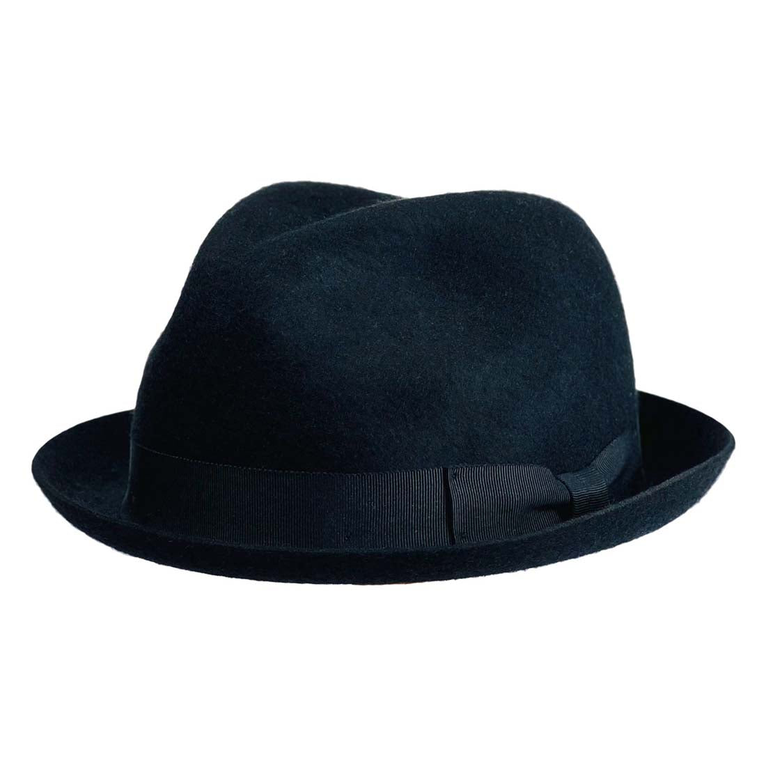 Navy blue fedora hat on a white background