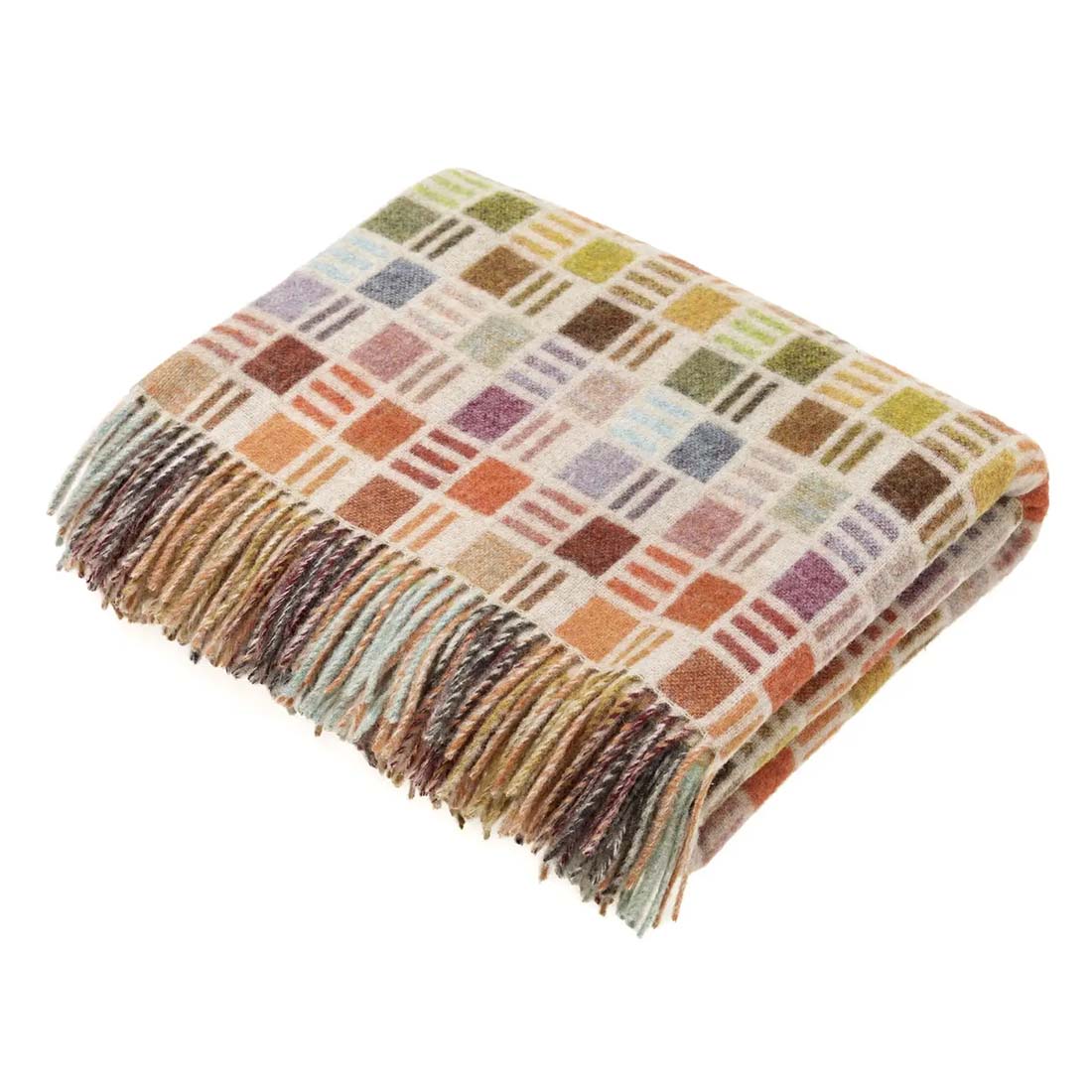 Multicolored checkered blanket with fringes on a white background