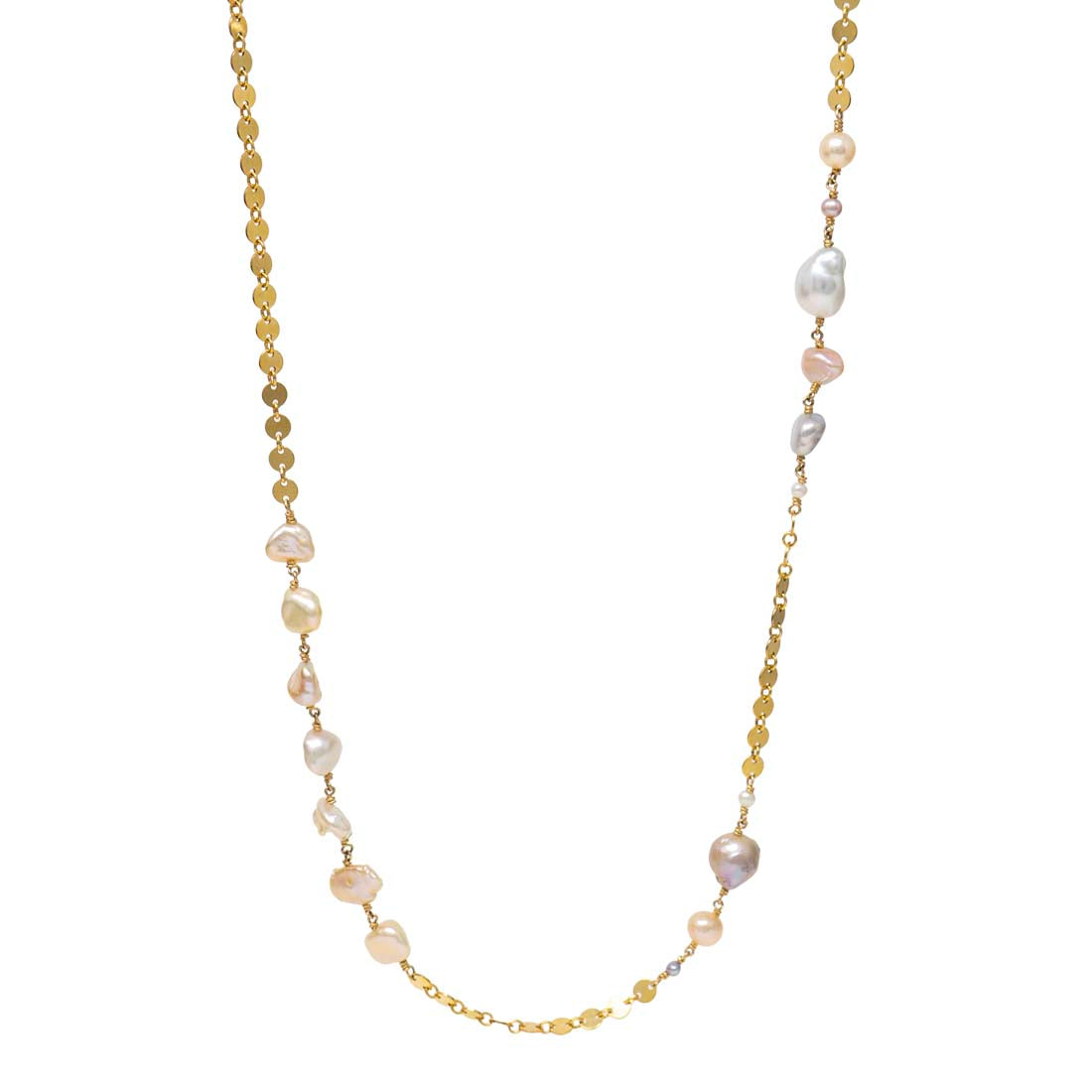 Pearl and gold chain necklace on a white background