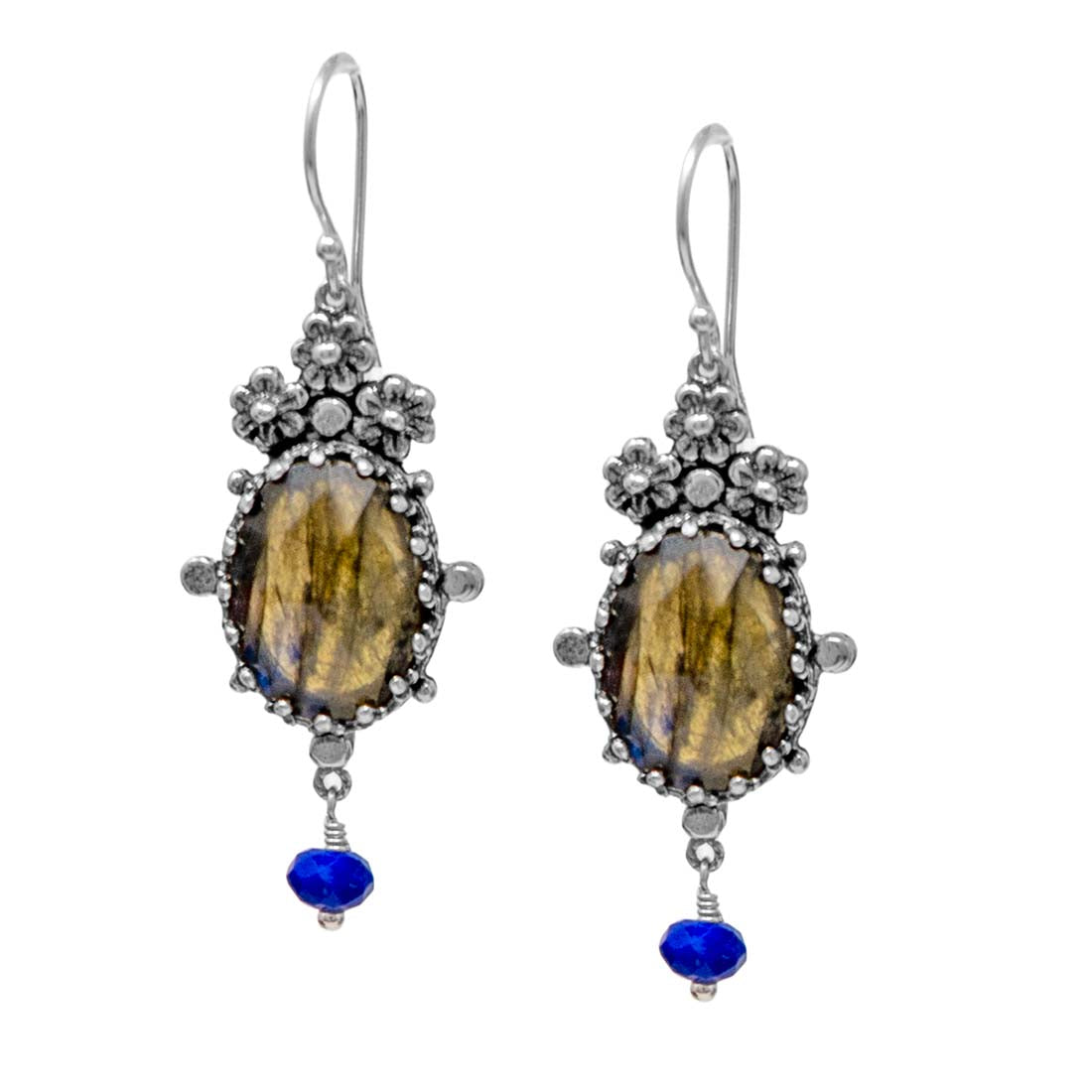 Pair of silver earrings with brown gemstones and blue beads on a white background