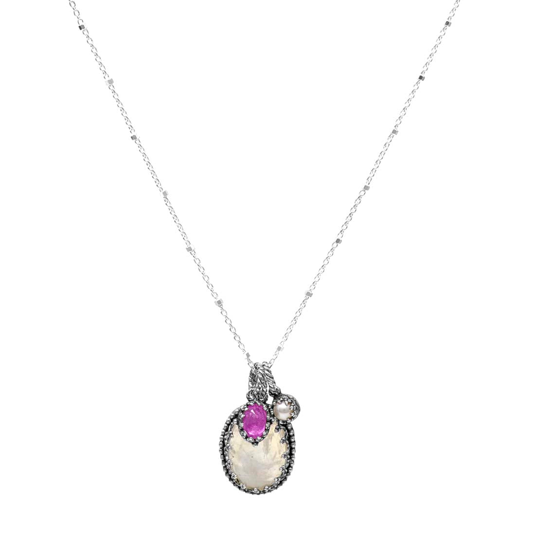 Necklace with a pendant featuring a pink gemstone on a white background