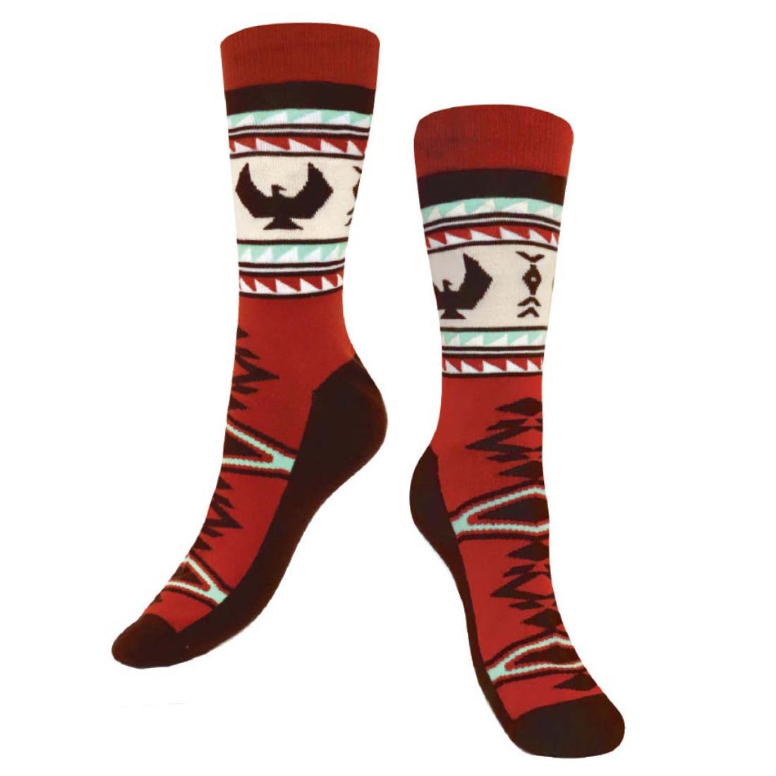 Red socks with tribal pattern on a white background