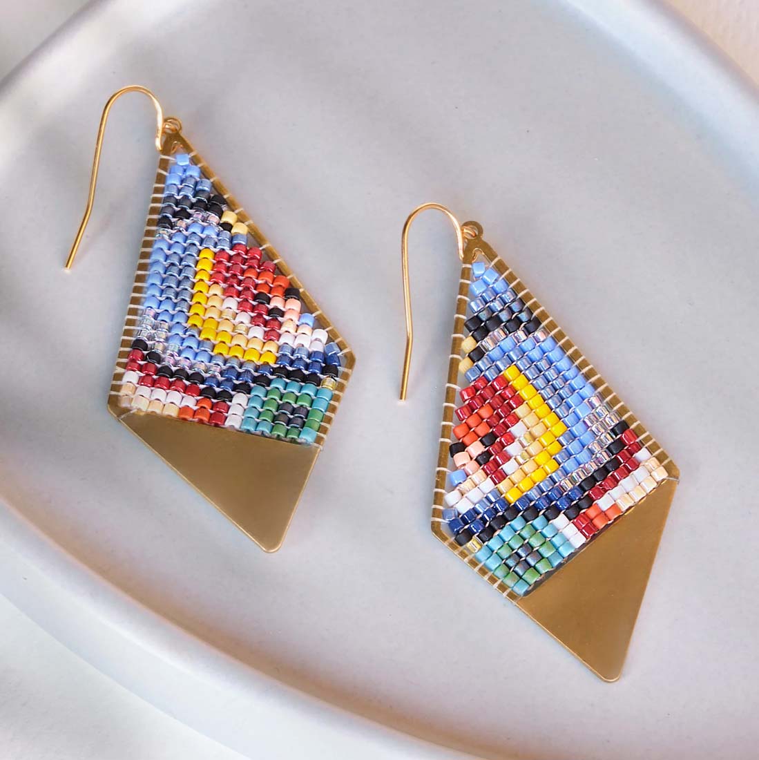 Blue Green Beaded Handwoven Kite Earrings