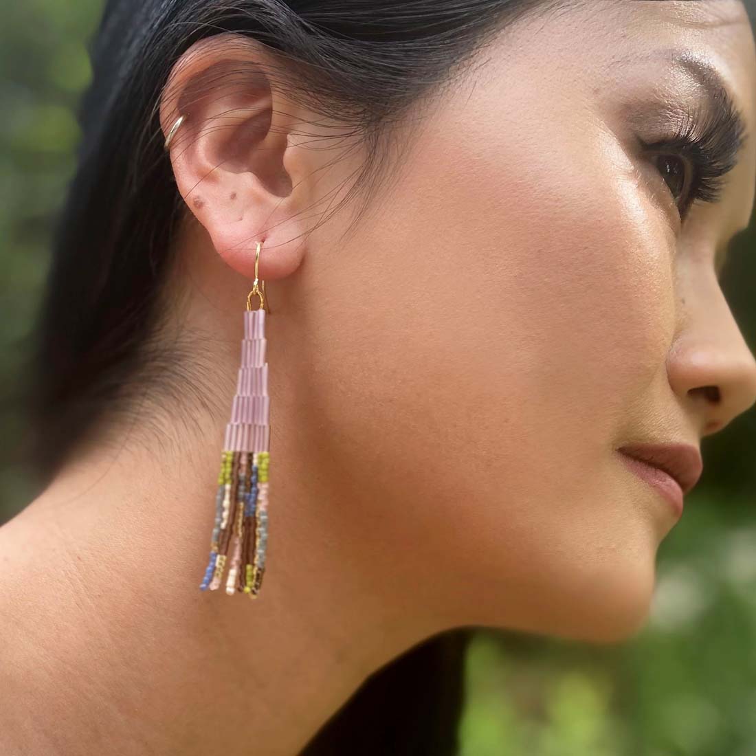 Lilac Beaded Handwoven Abstract Linear and Tube Earrings