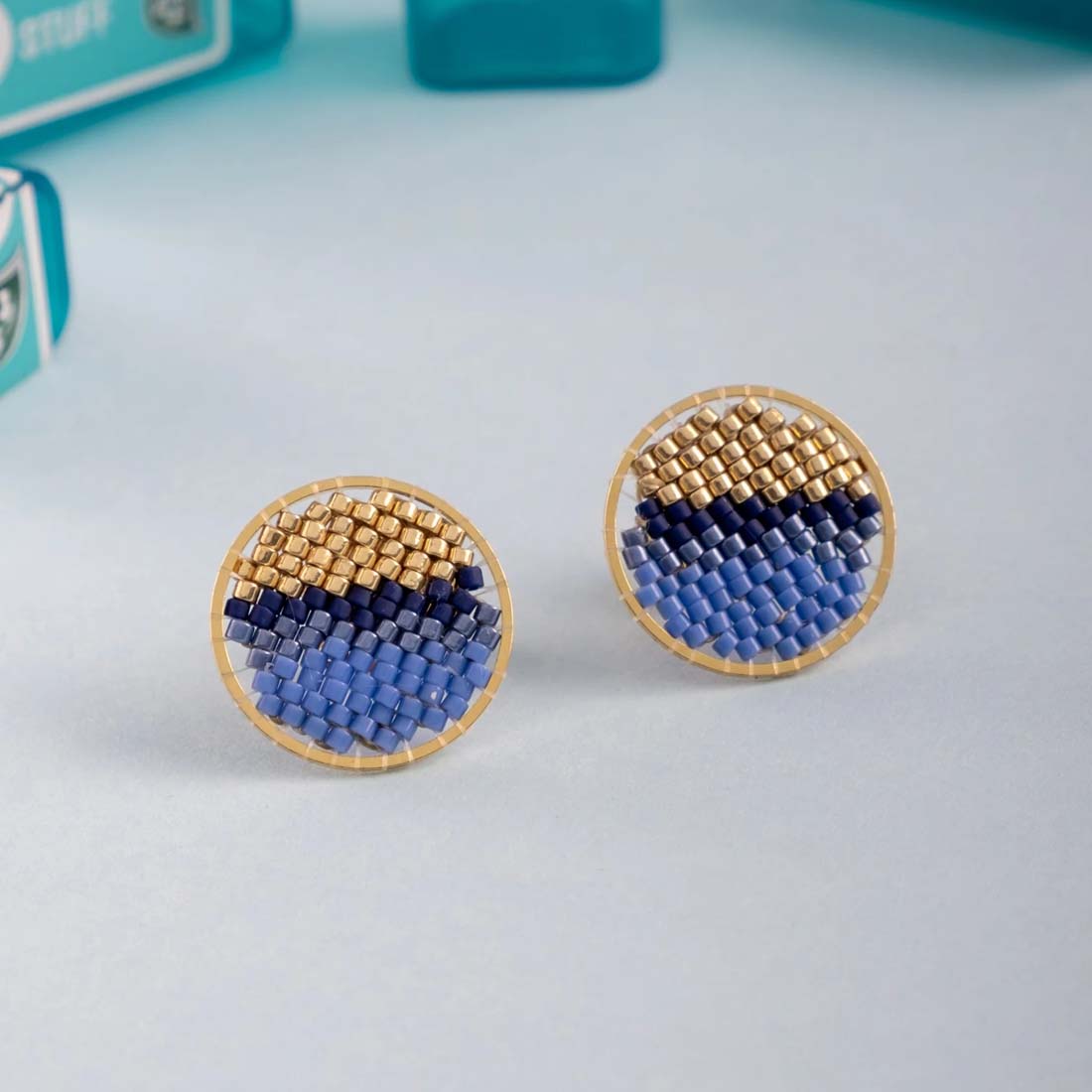 Blue Beaded Handwoven Sweet Tart Stud Earrings