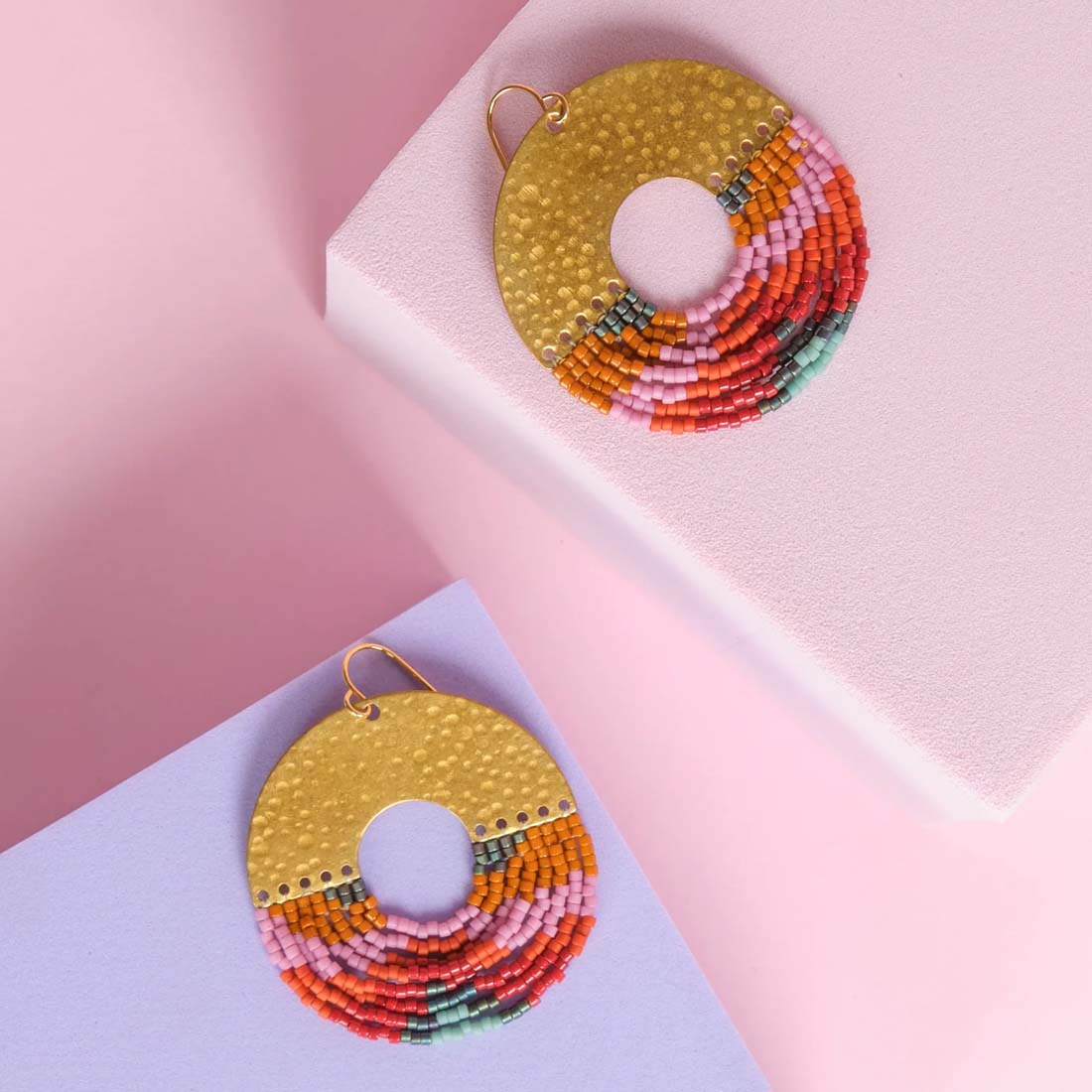 Lilac Beaded Handwoven Organic Circular Fringe Earrings