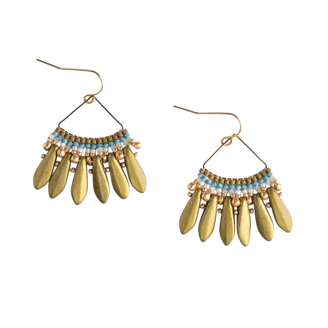 Olive Beaded Handwoven Heirloom Fan Drop Earrings