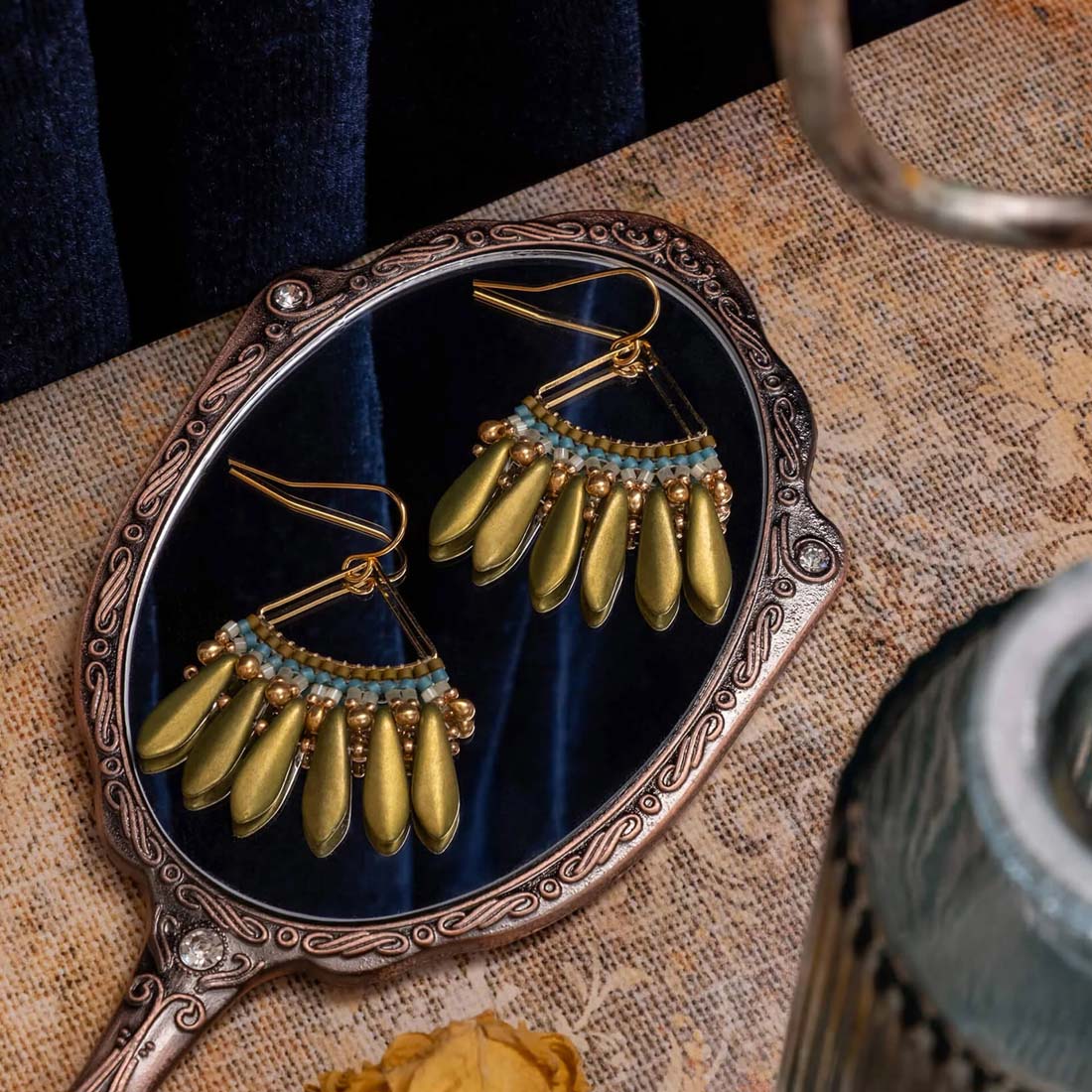 Olive Beaded Handwoven Heirloom Fan Drop Earrings