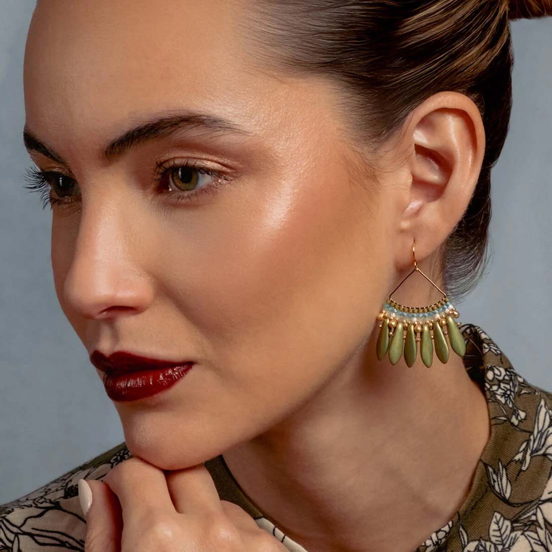 Olive Beaded Handwoven Heirloom Fan Drop Earrings